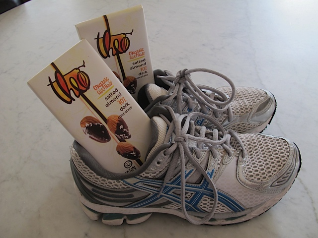 Well-worn exercise shoes and well-loved chocolate