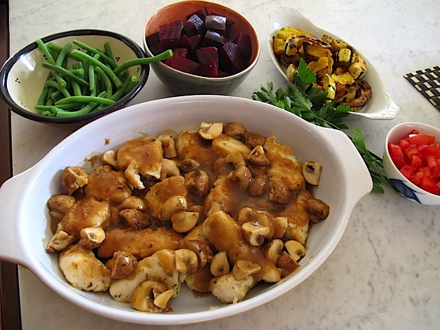 Chicken Marsala Accompanied by Ruby Beets, Steamed Green Beans and Oven-Roasted Carrots & Parsnips
